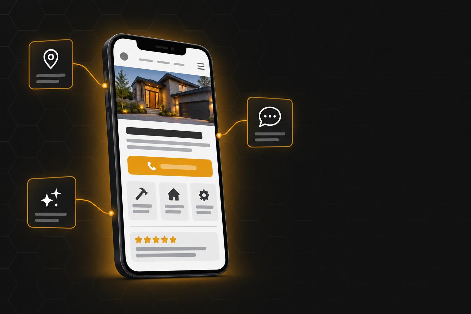 Illustration of a phone showing a small business website, linked to Maps, social media, and AI search icons